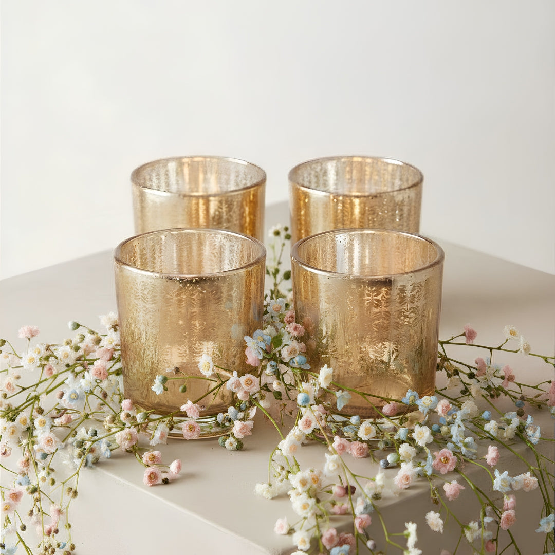 Set of 4 Yellow Glass Votive Candleholders with Delicate Leaf Etching