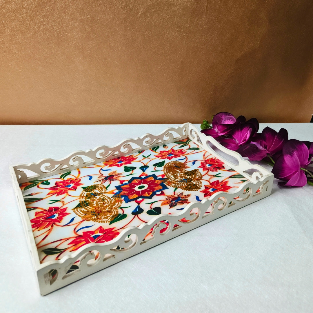 White Orange Flower Cutwork Wooden Tray Small