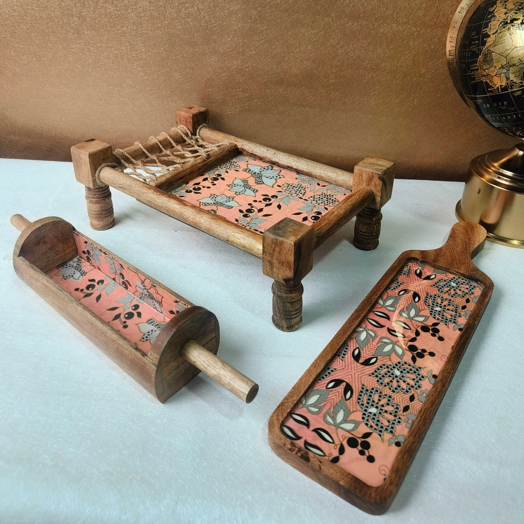 peach flower print & enameled Wooden Khatiya Platter Set of 3 - khatiya platter , belan platter , bat platter