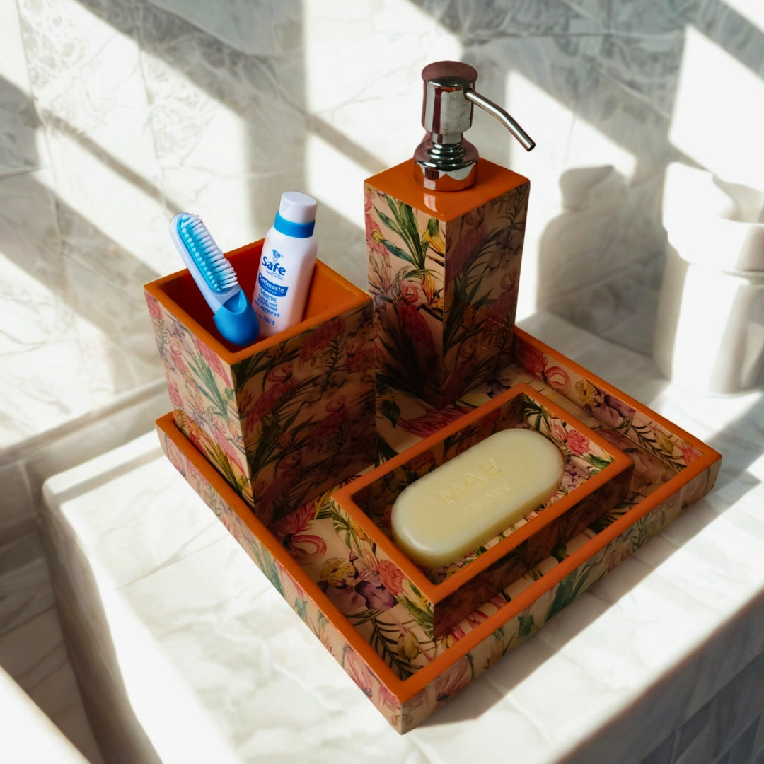 wooden water resistant Flamingo print & enamelled Bathroom Set of 4