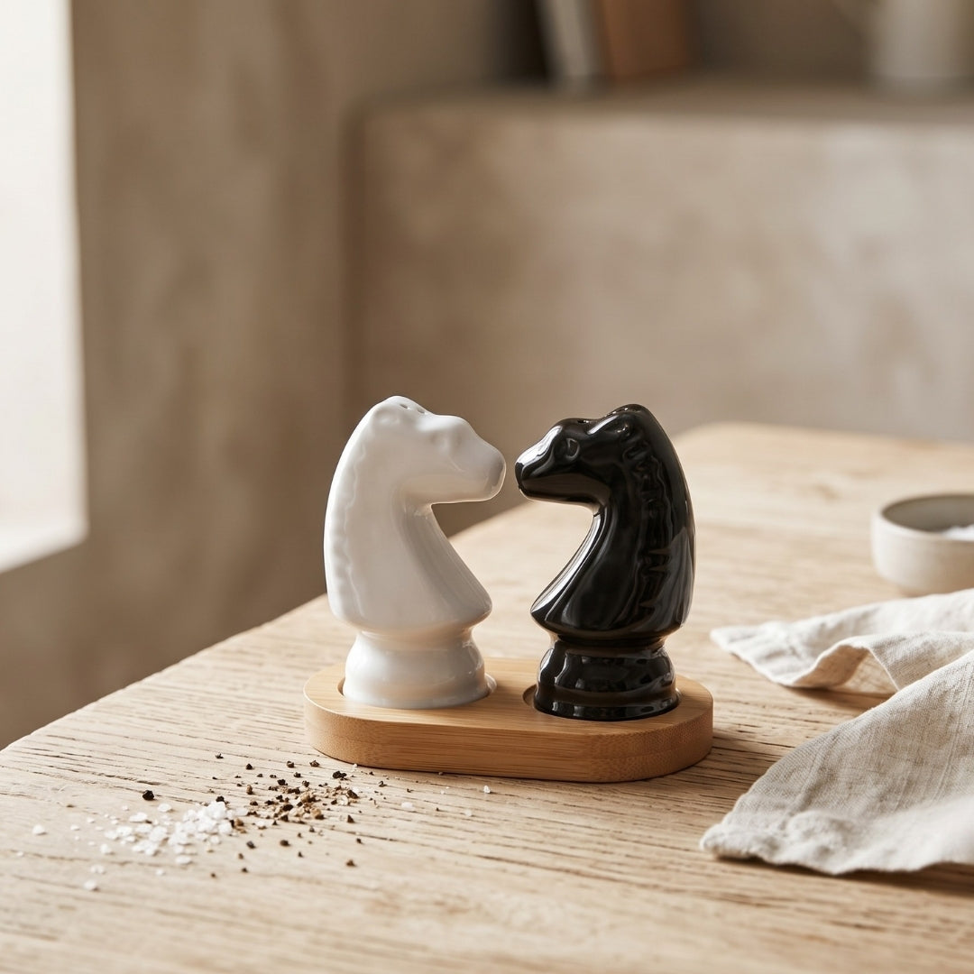 Ceramic Chess Knight Salt and Pepper Shakers with Wooden Tray
