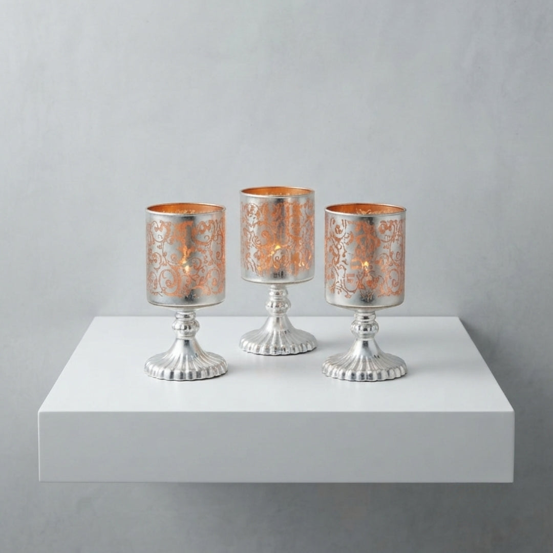 Set of 3 Yellow Etched Glass Pedestal Tea Light Holders
