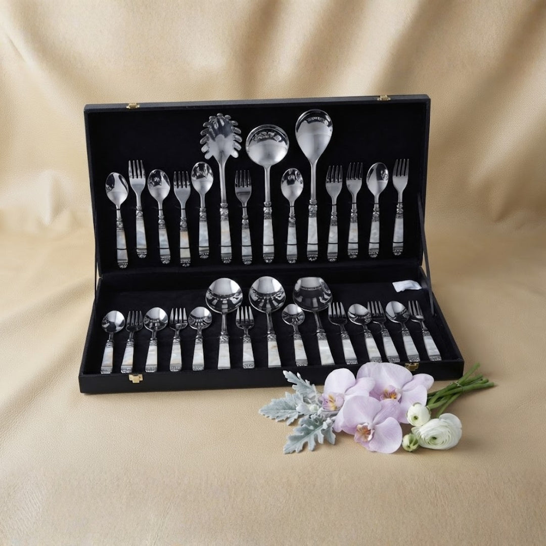 30 Pcs Mother of Pearl Stainless Steel Cutlery & Serving Set in Box