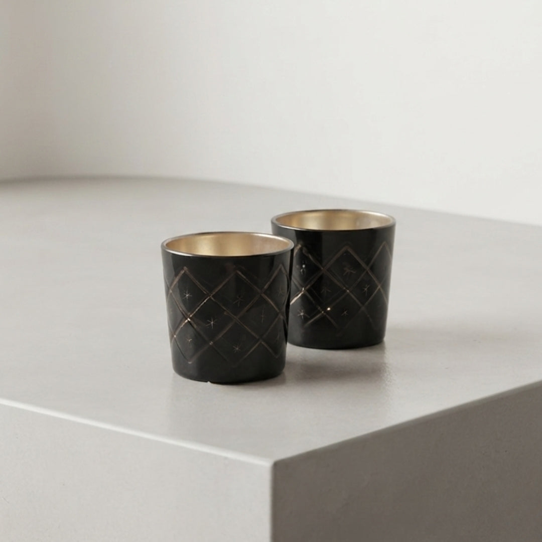 Etched Black Glass Votive Candle Holders - Elegant Set of 2