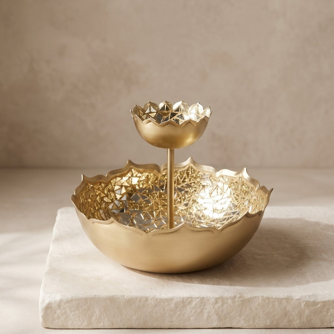 metal 2 tier urli with gold mosaic chips and lacquered-10"
