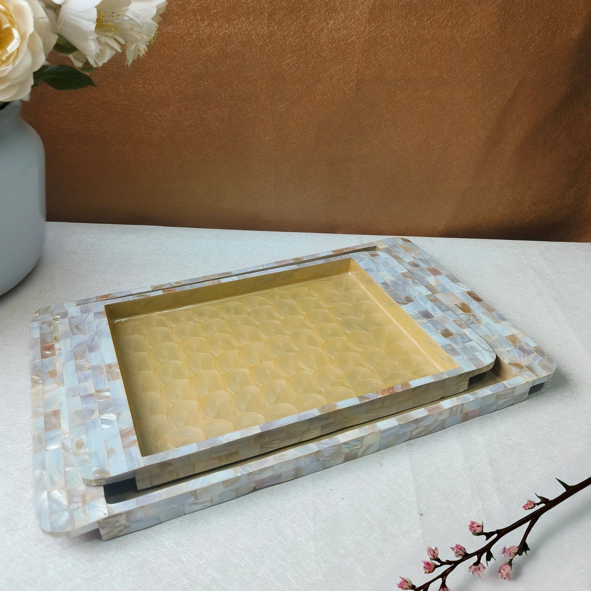 Rectangle Tray Set Of 2 - Wooden with White mother of pearl & yellow enamel