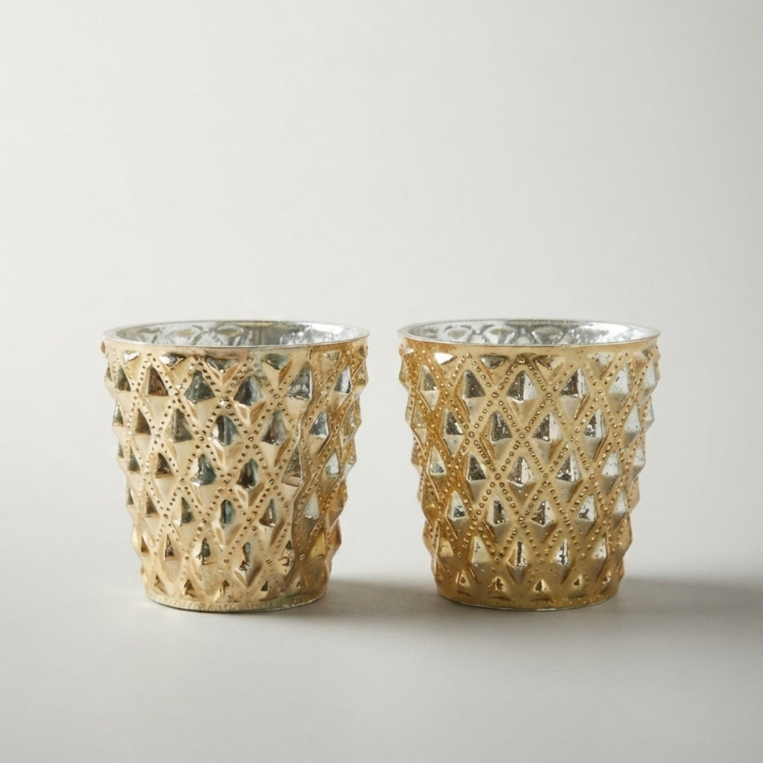 Set of 2 Gold Diamond-Cut Glass Tea Light Votive Holders