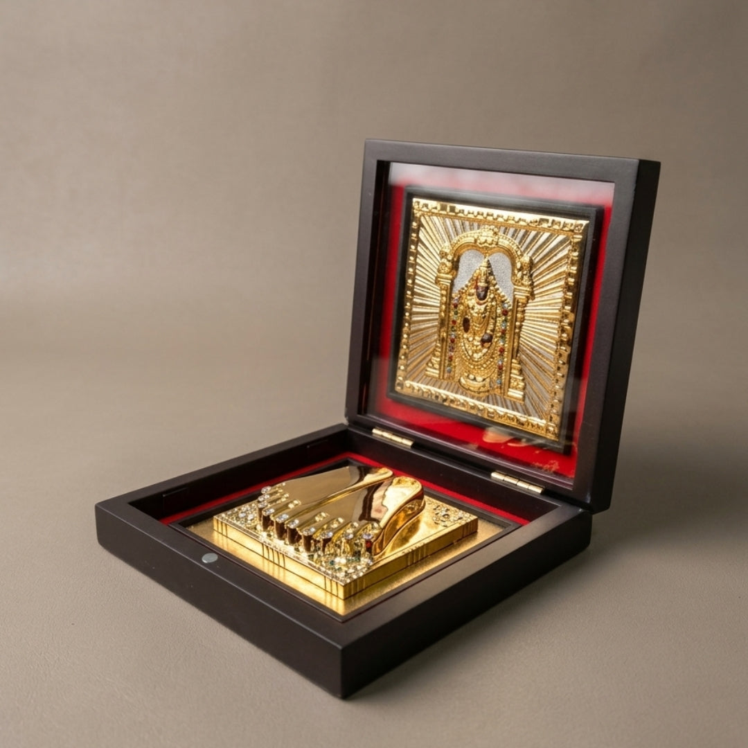 999 Pure Silver & 24k Gold Plated Balaji Charan Paduka Pooja Box | Tirupati Venkateswara Puja Box