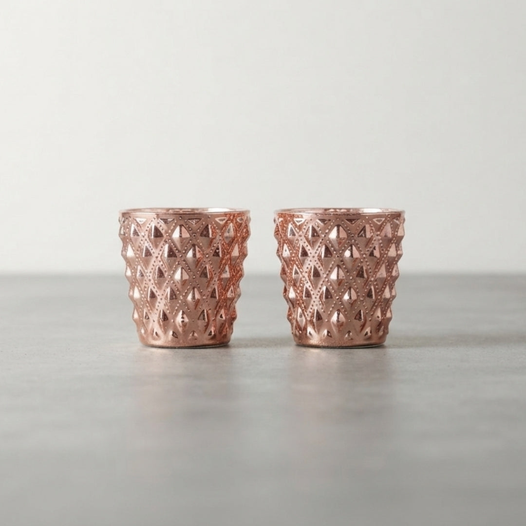 Set of 2 Copper Diamond-Cut Glass Tea Light Votive Holders