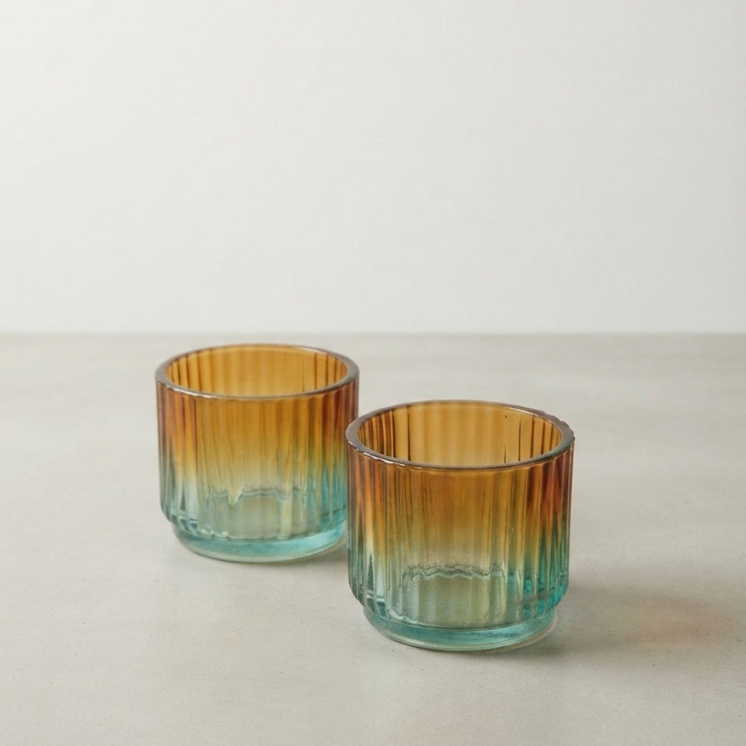 Set of 2 Ribbed Glass Tea Light Holders – Blue & Orange