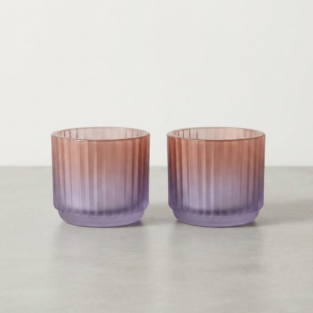 Set of 2 Pink & Purple Ribbed Glass Tea Light Holders