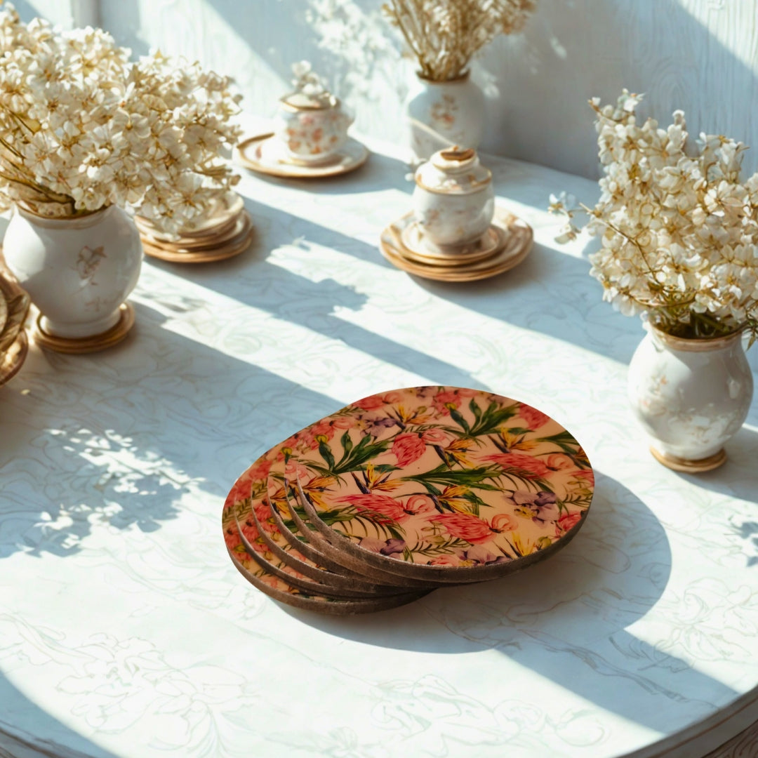 Table Coaster - Wooden Flamingo Print With Enamel