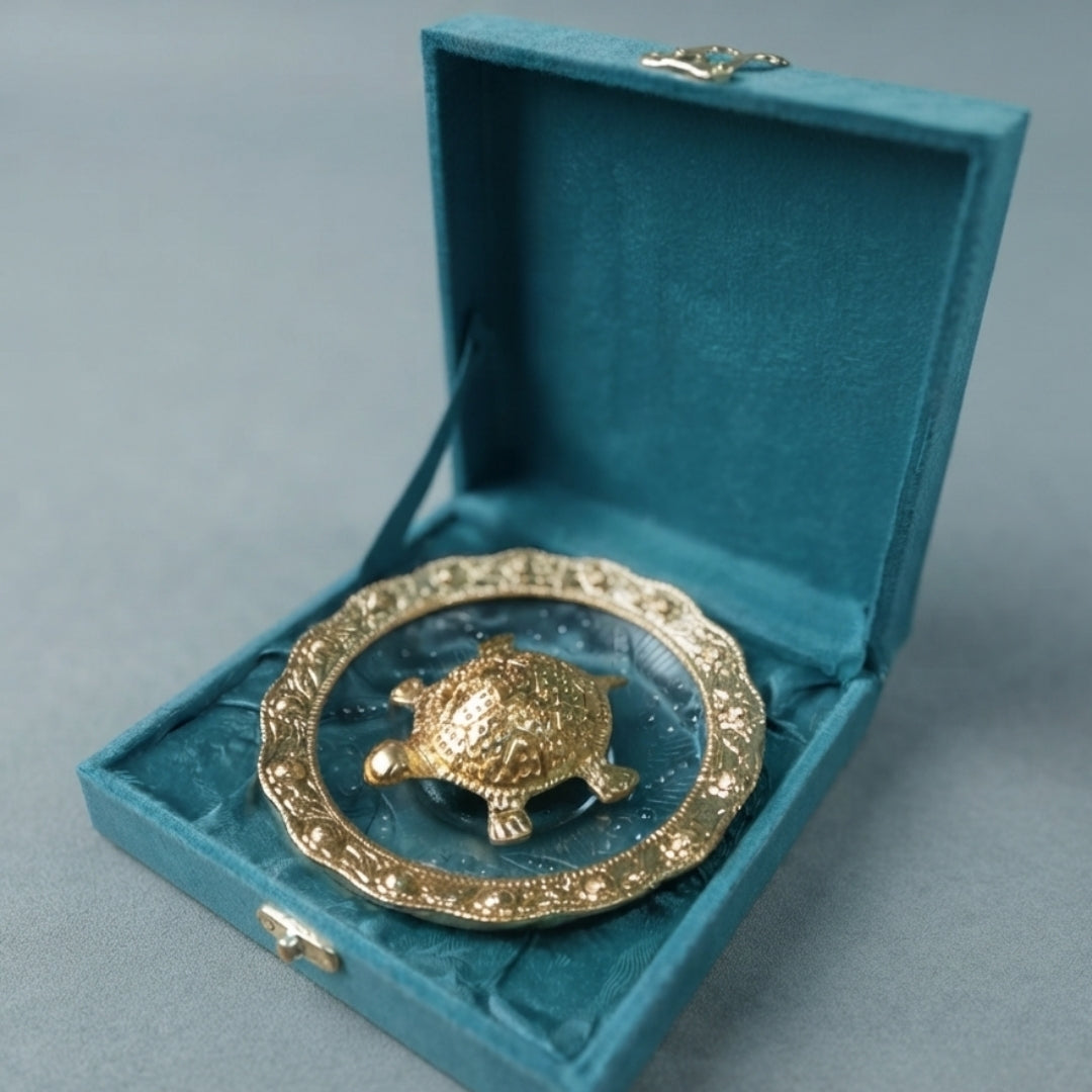 Gold Plated Tortoise in Plate with Turquoise Velvet Box for Good Luck