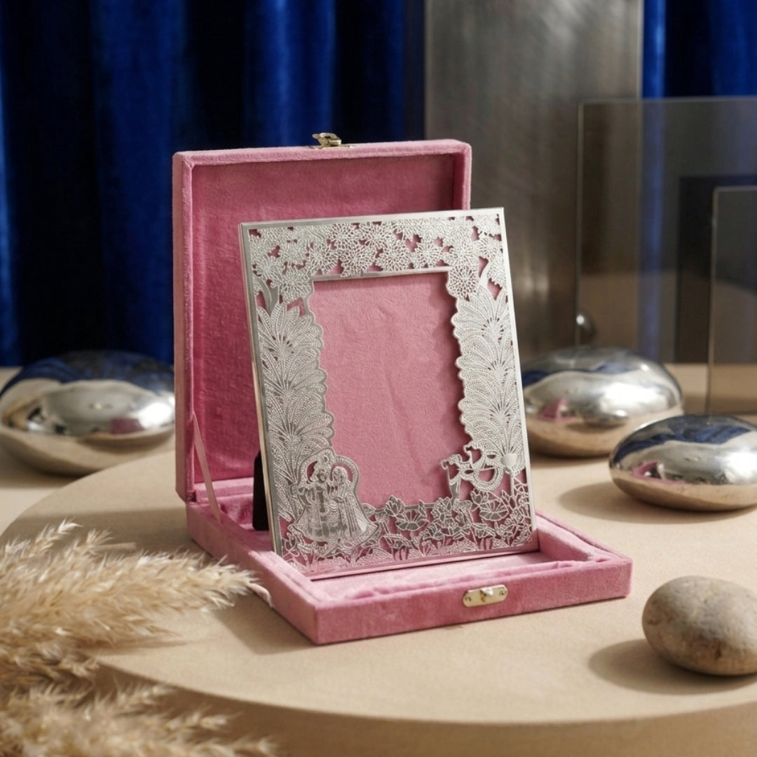 Silver Plated Raas Leela Radha Krishna Photo Frame (Pink Velvet Box)
