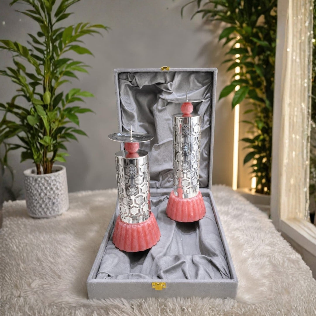 Luxury Silver Plated Pillar Candle Holder Set of 2 in Premium Pink Velvet Box