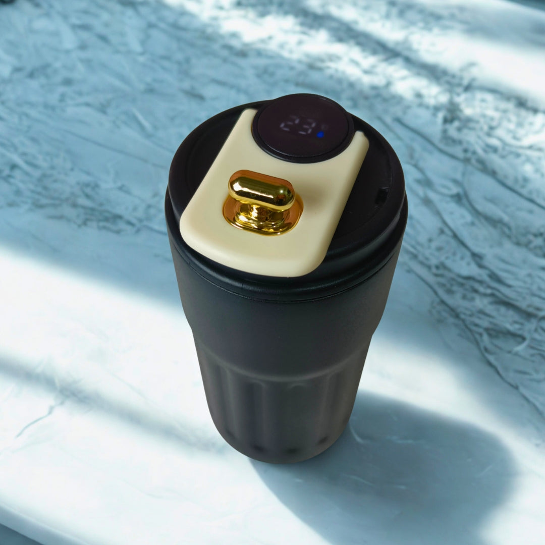 Black Stainless Steel Temperature Measure Sipper With Golden Capsule Knob