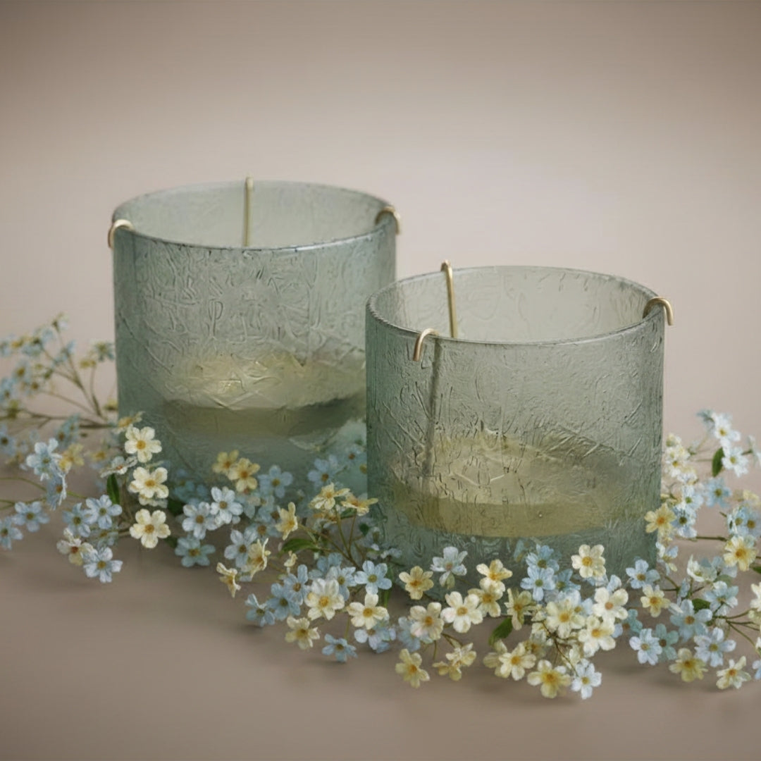 Set of 2 lightBlue Glass Votives with Internal Metal Tea Light Holders