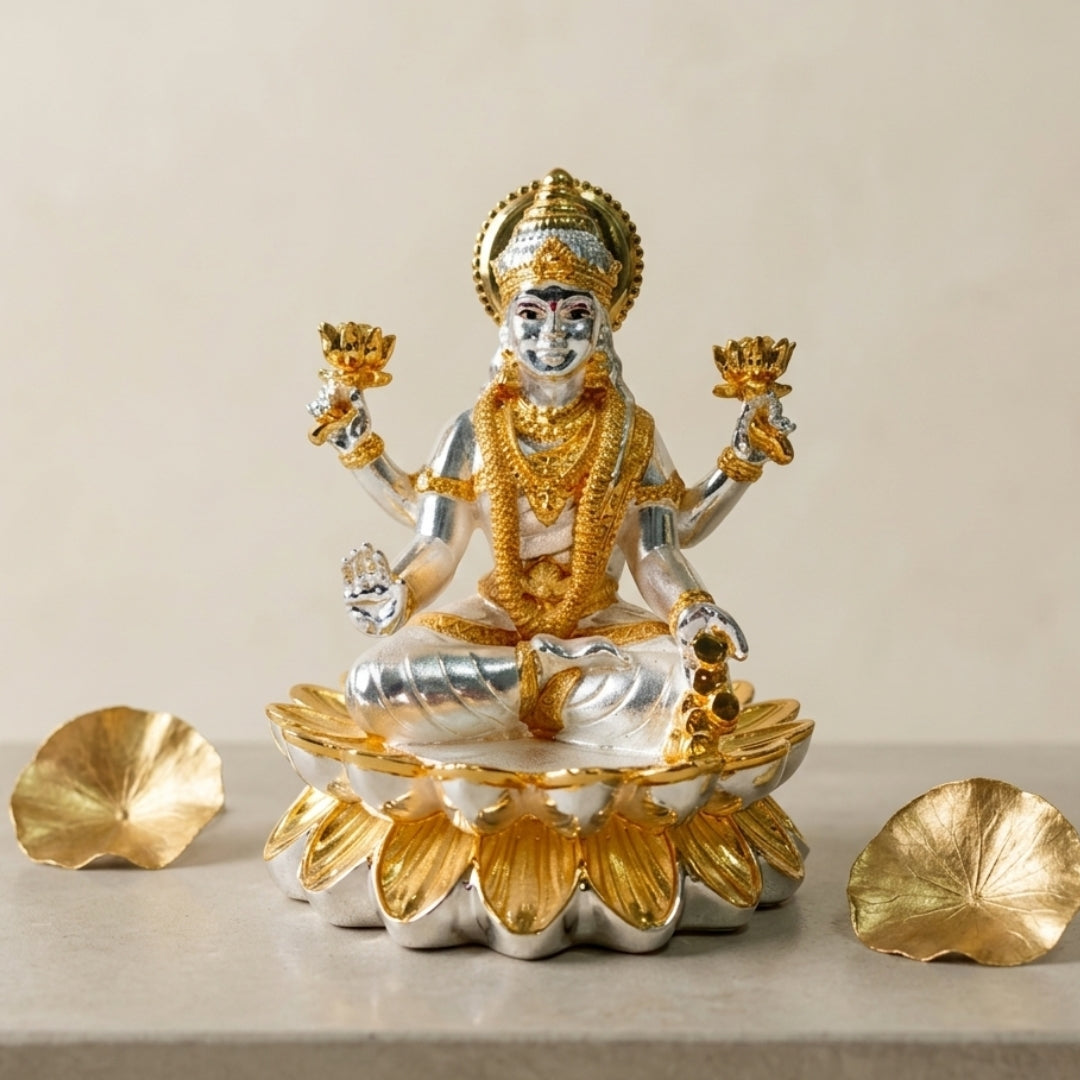 The Home Co. Divine Goddess Lakshmi Idol | 999 Pure Silver & 24K Gold Plated Murti on Lotus Base | Premium Fiber Vastu Decor & Gifting