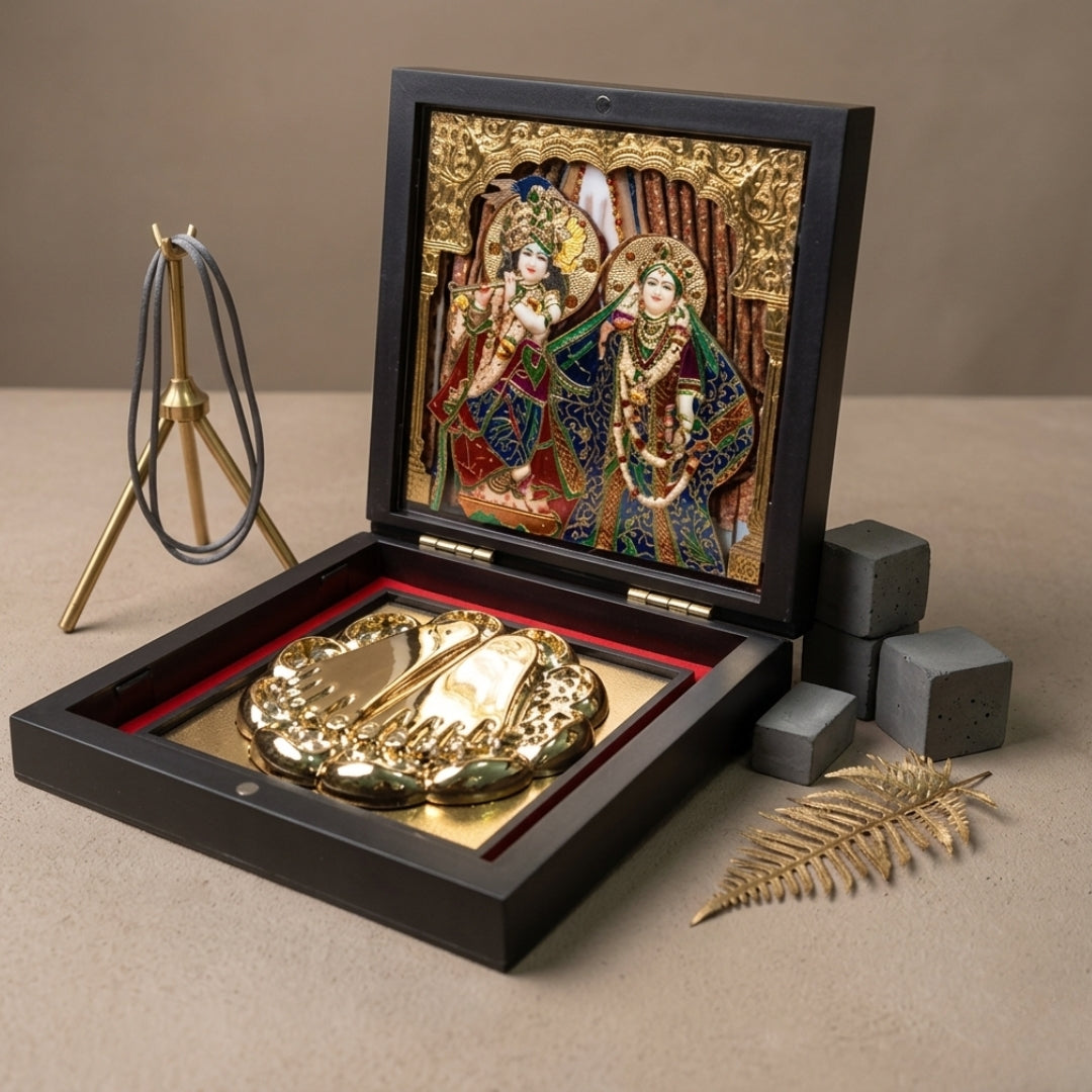 Premium 24K Gold & 999 pure Silver Plated Radha Krishna Charan Paduka Pooja Box