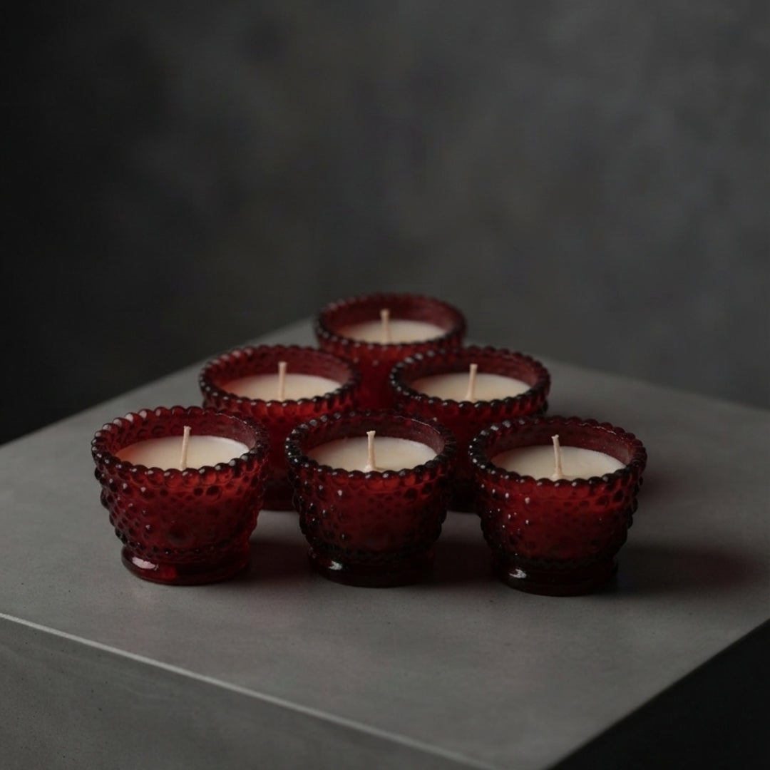 Set of 6 Red Decorative Glass Votive Scented Candles