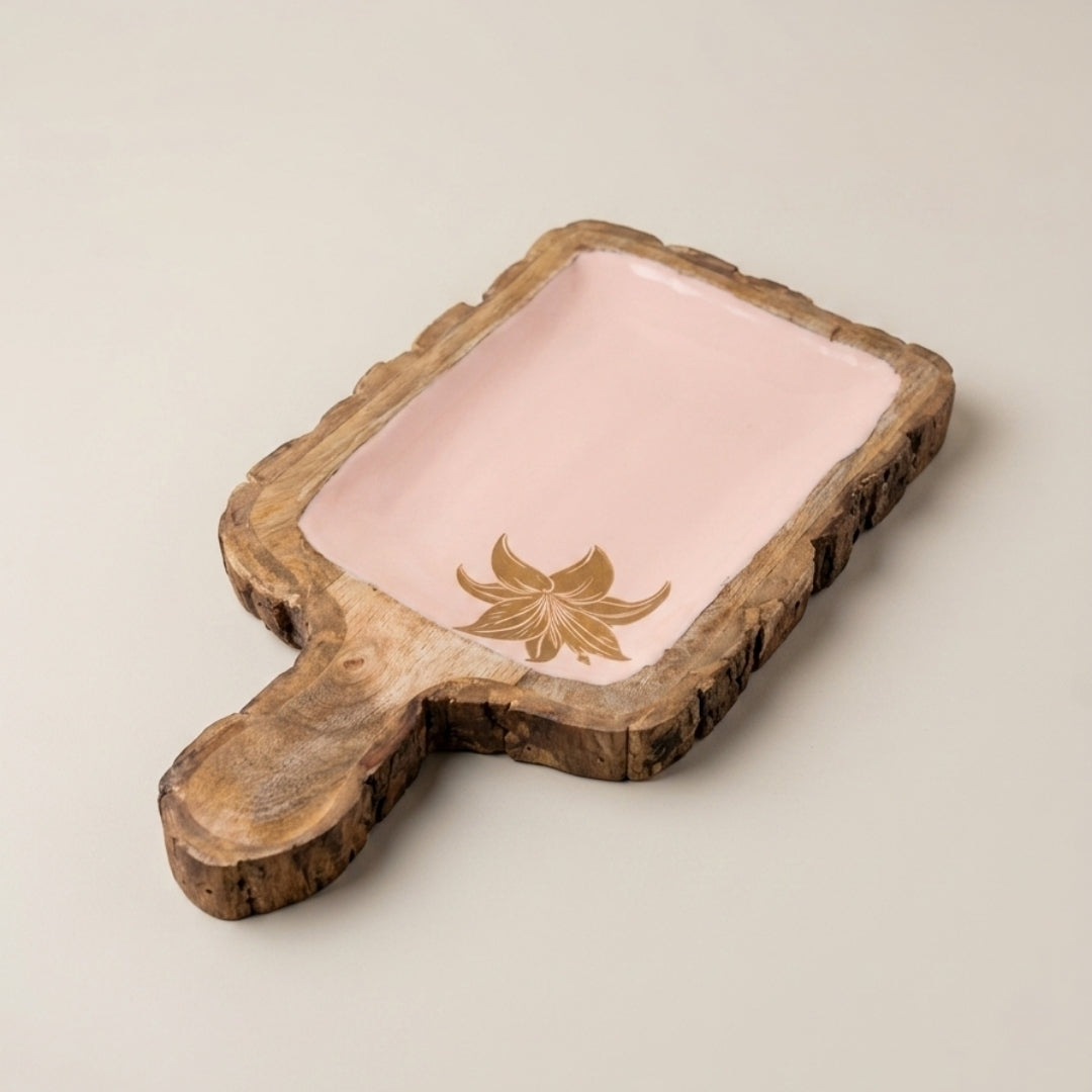 Peach Enamel Wooden Paddle Platter with Tulip Foil Print