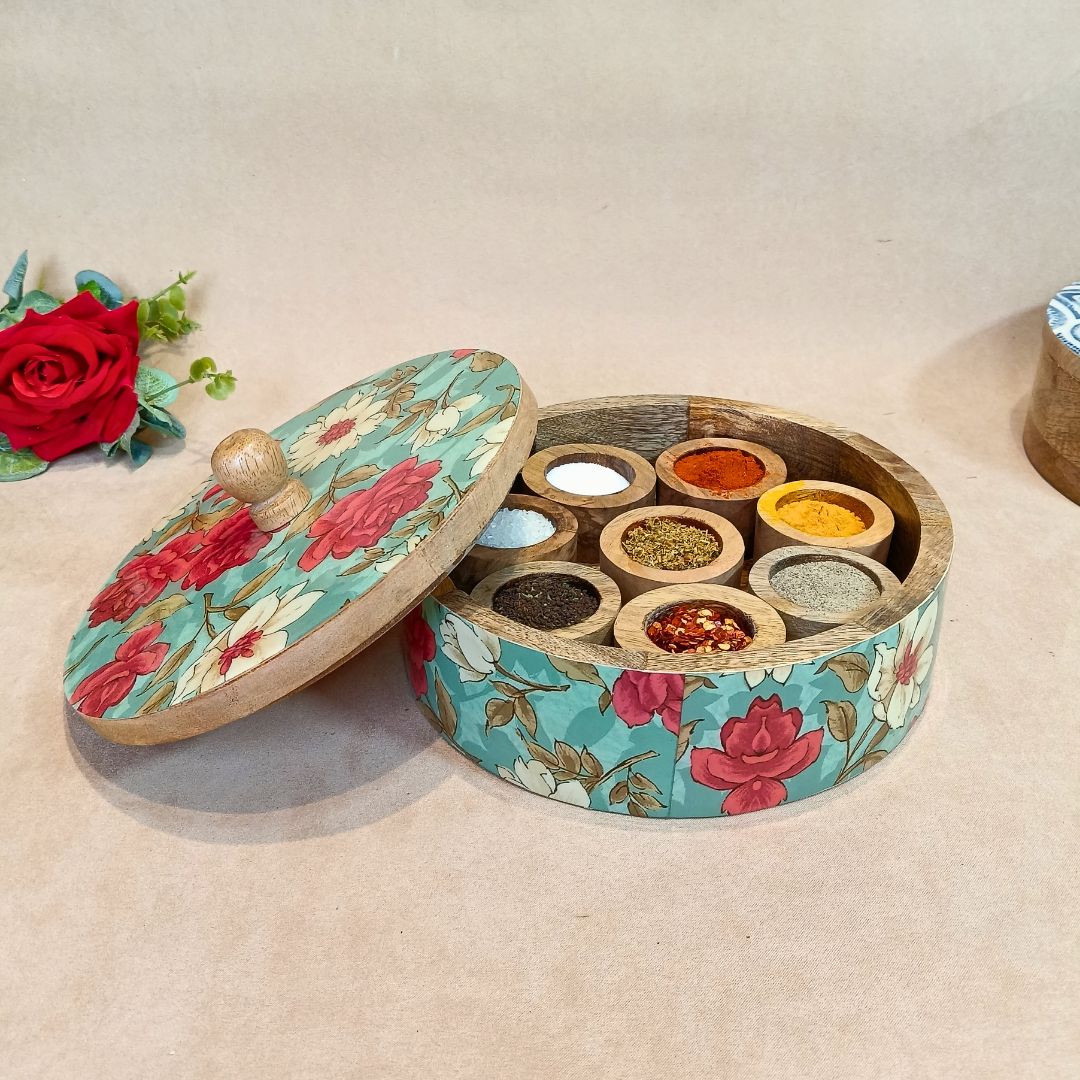 Wooden Blue With Red Flower Print & Enamel Masala Box