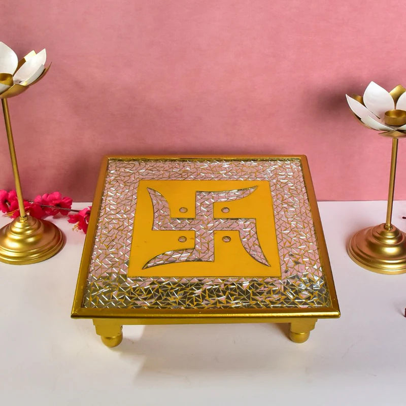 Swastic Design Mosaic Chips Wooden Chowki Large 16"