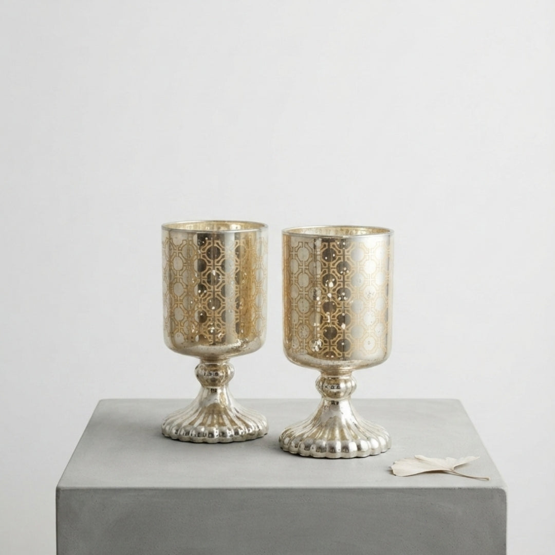 Set of 2 silver Mosaic Etched Glass Pedestal Tea Light Holders