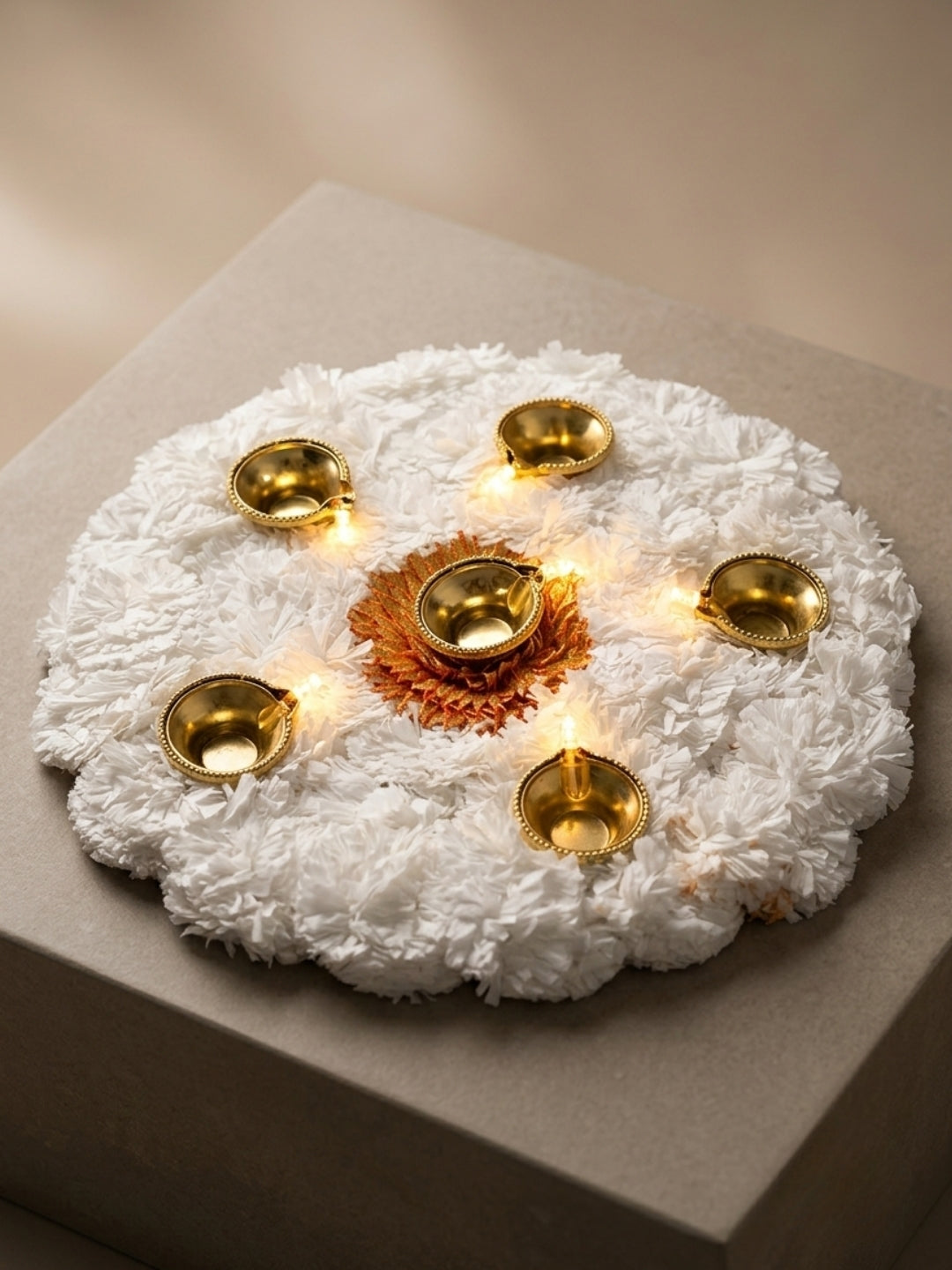 Handmade White Floral Puja Mat / rangoli with Golden Led Diya Holders Single