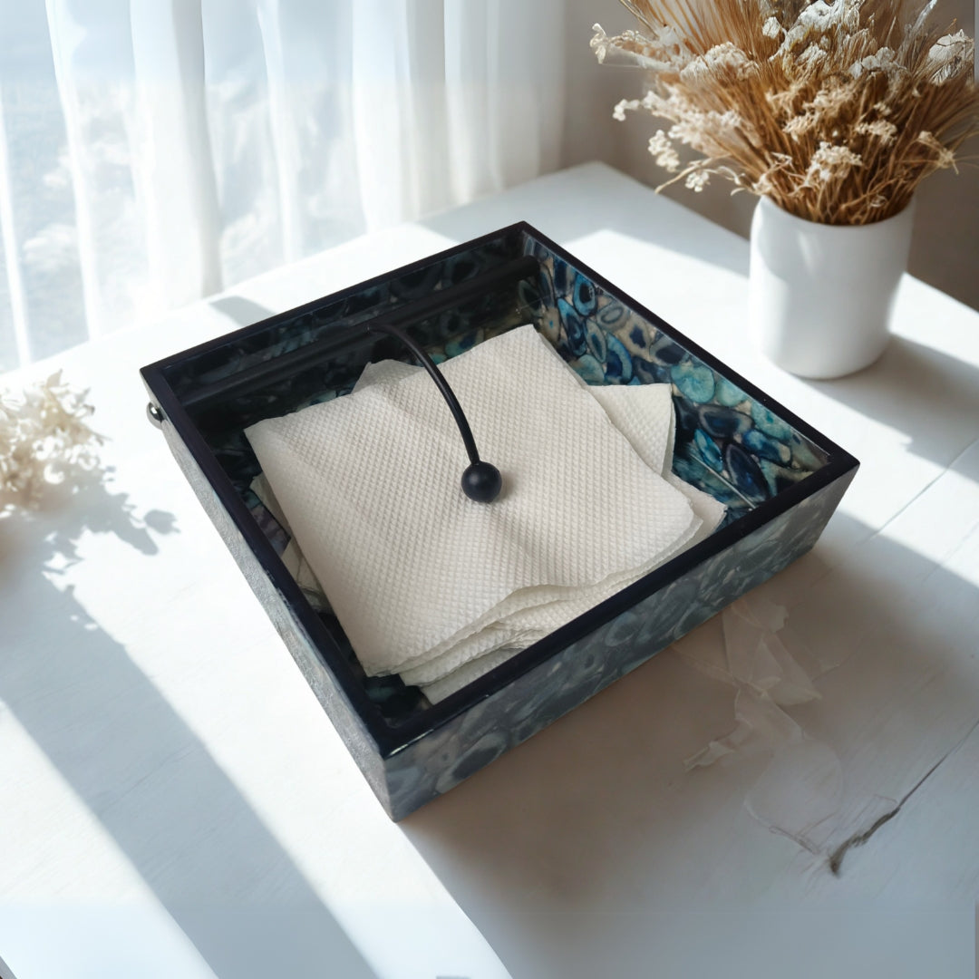 Square tissueholder - Wooden Blue Agate Print & Enamel