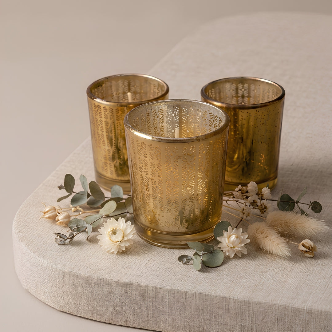Set of 3 - 2 pc Yellow + 1 pc green Glass Votive Candleholders with Leaf Etching