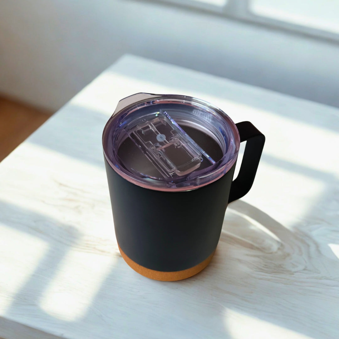Black Stainless Steel Mug With Cork And Plastic Lid