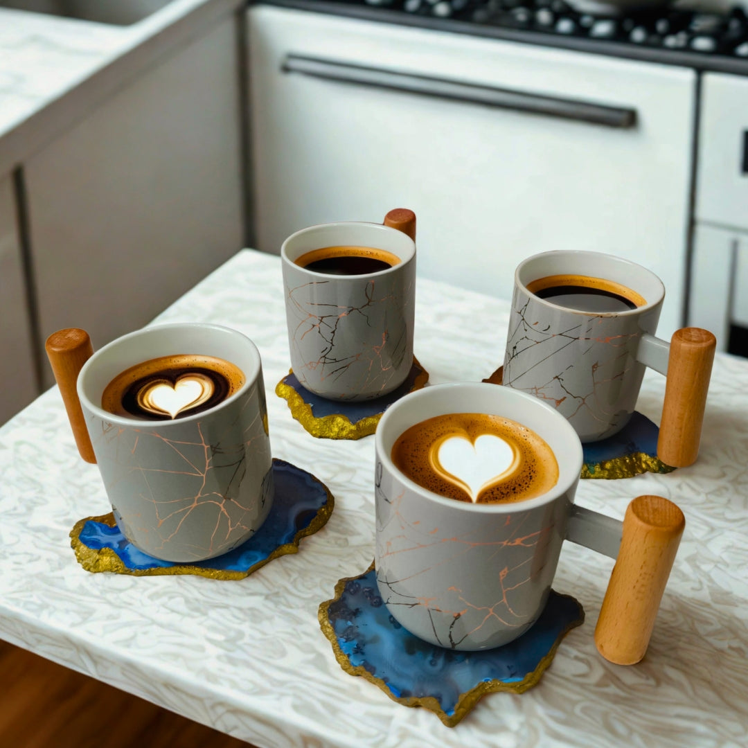 Table Coaster - Blue Agate Stone with Gold Lining Set Of 4