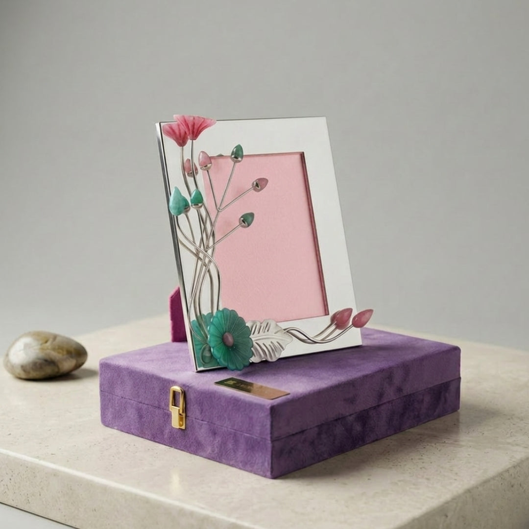 Silver-Plated Photo Frame with Pink & Teal Resin Floral Accents