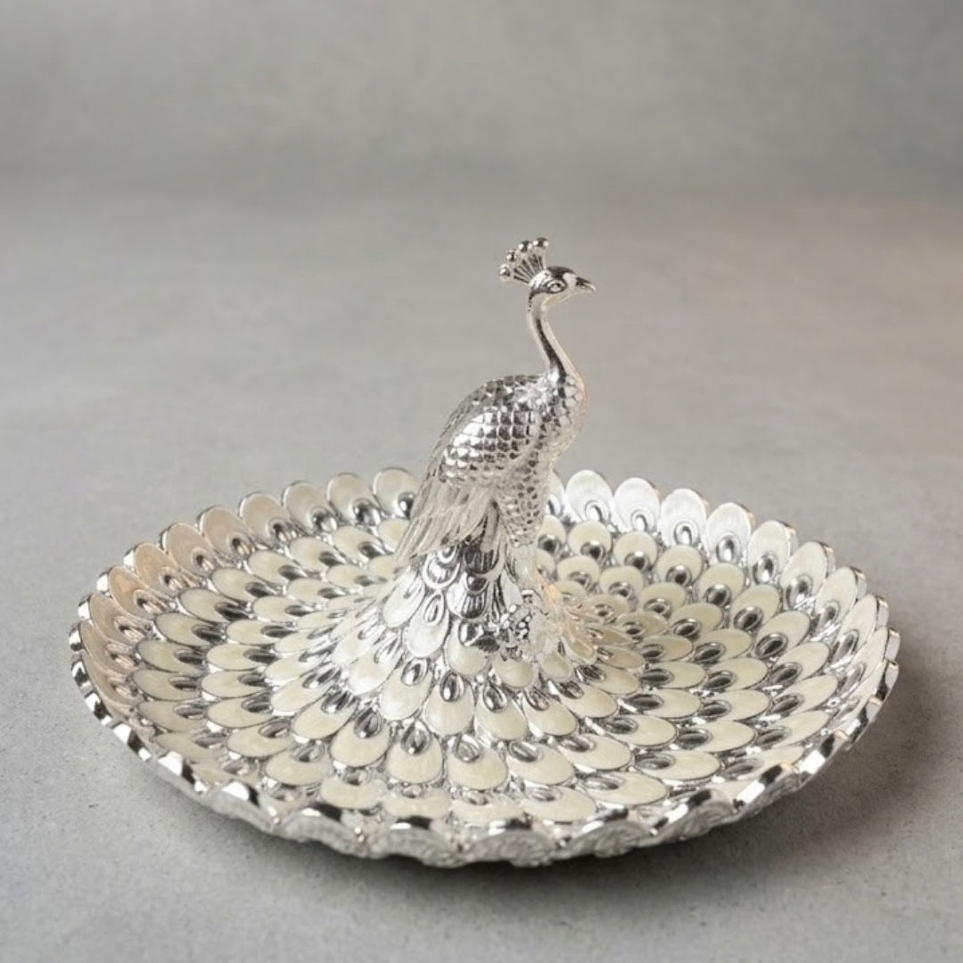 Decorative Silver Peacock Design Round Serving Tray