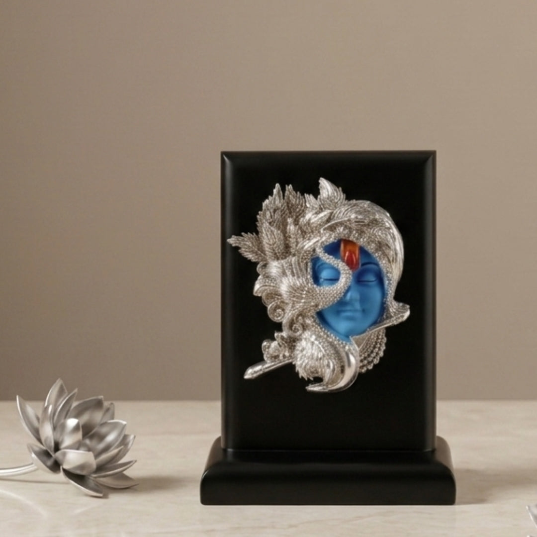 The Home Co. 999 Pure Silver Plated Krishnaji Face Idol | Divine Shri Krishna Spiritual Decor in Premium Velvet Box