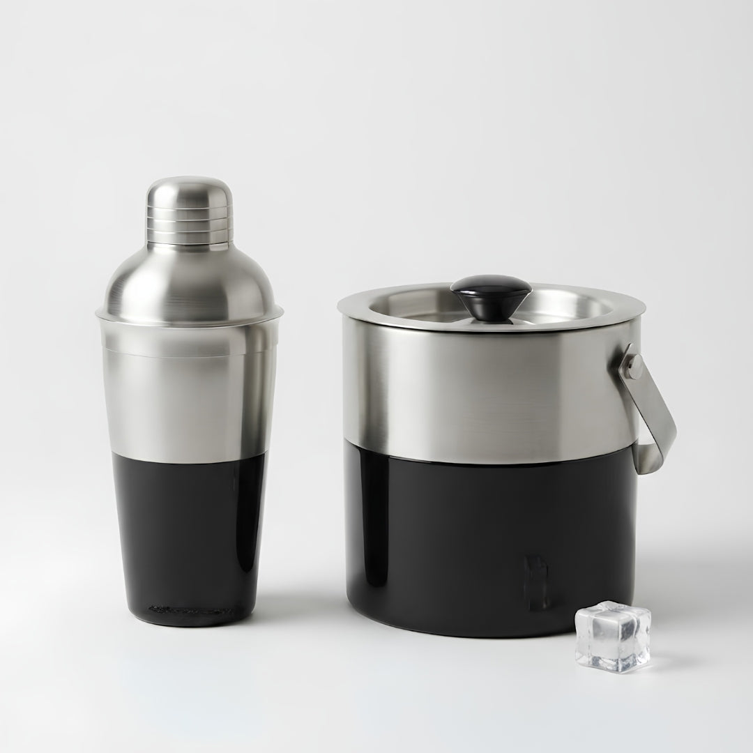 Stainless Steel ice bucket & Shaker with black enamel -set of 2