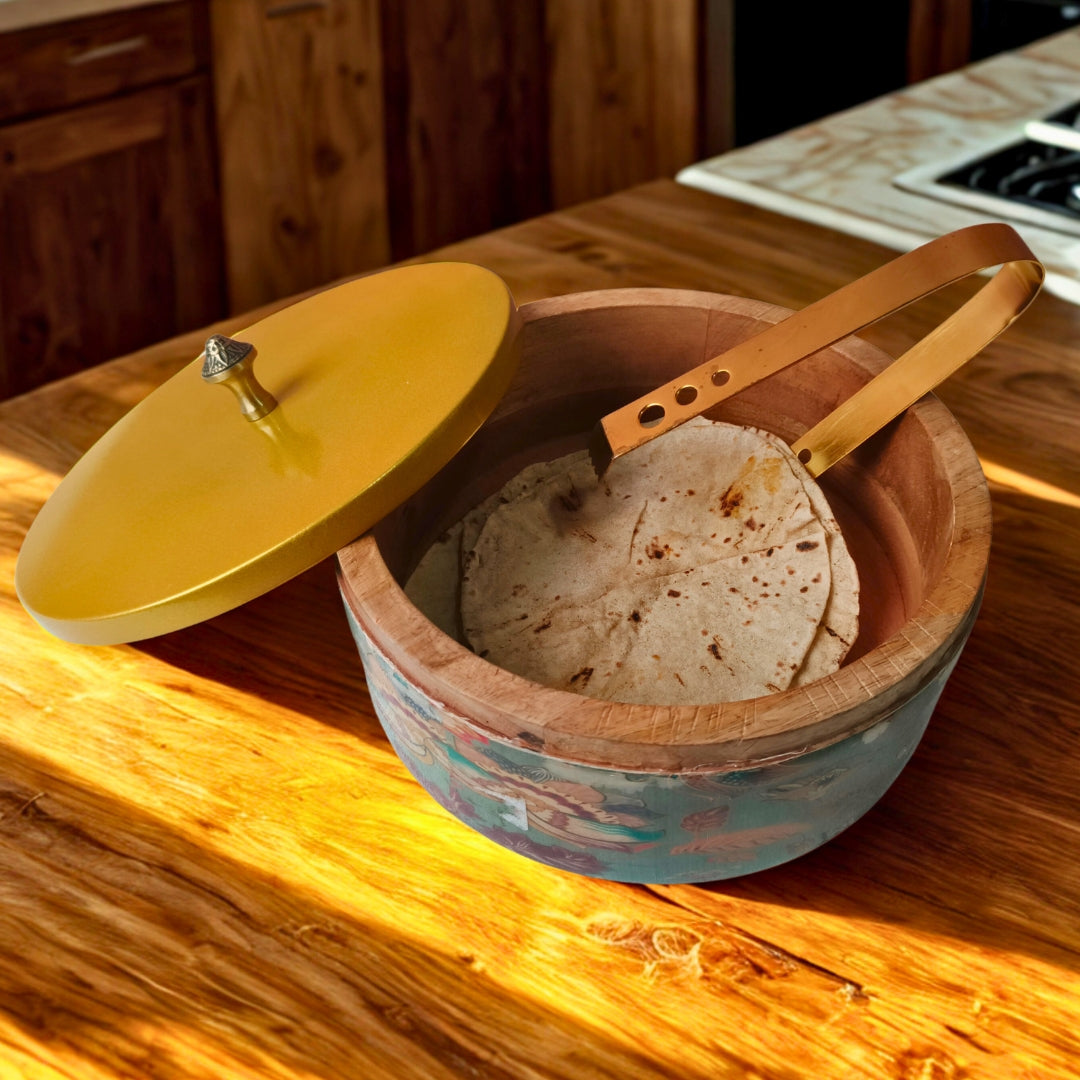 Roti box - Multicolour floral print enameled wooden base with metal lid