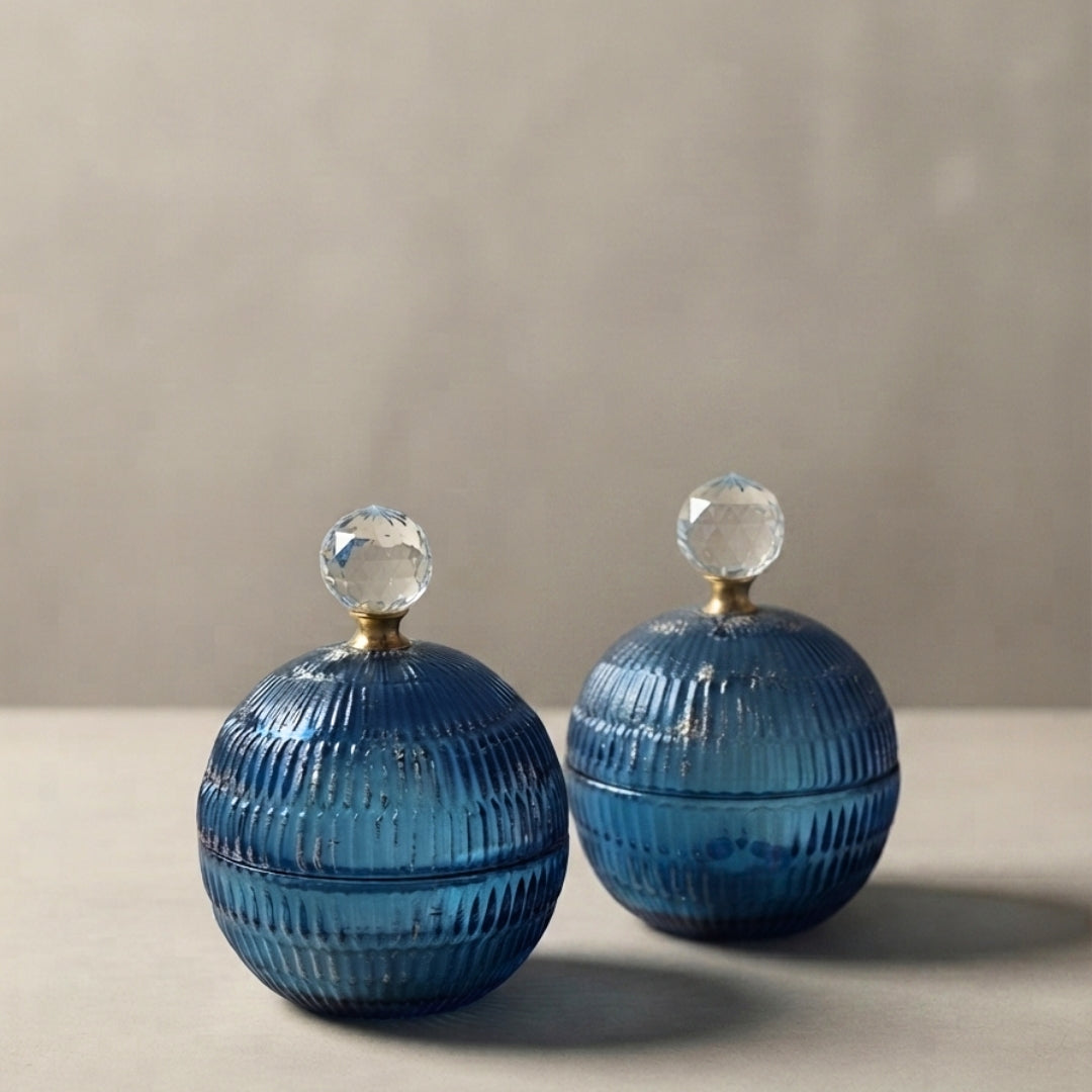 Set of 2 Small Blue Glass Ball-Shaped Scented Candles with Gold Bow Lids