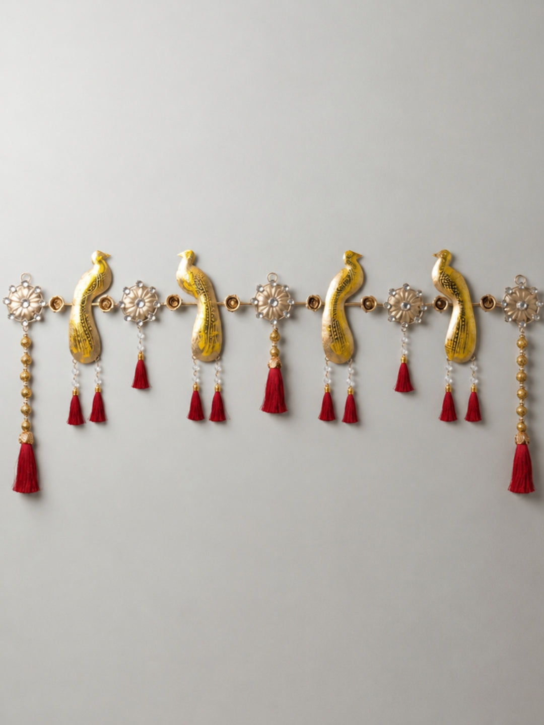 metal gold finish peaock design with gold balls hanging toran