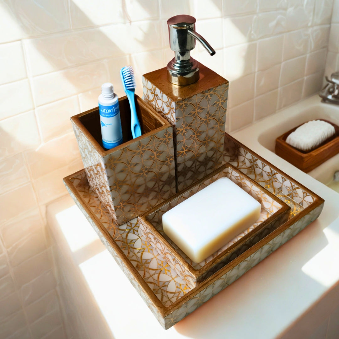 wooden water resistant white gold abstract print & enamelled Bathroom Set of 4