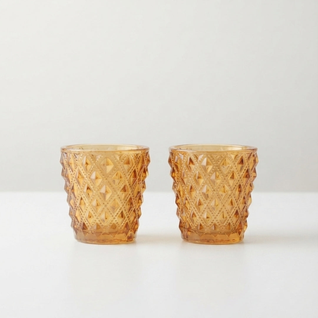 Set of 2 Brown Diamond-Cut Glass Tea Light Votive Holders