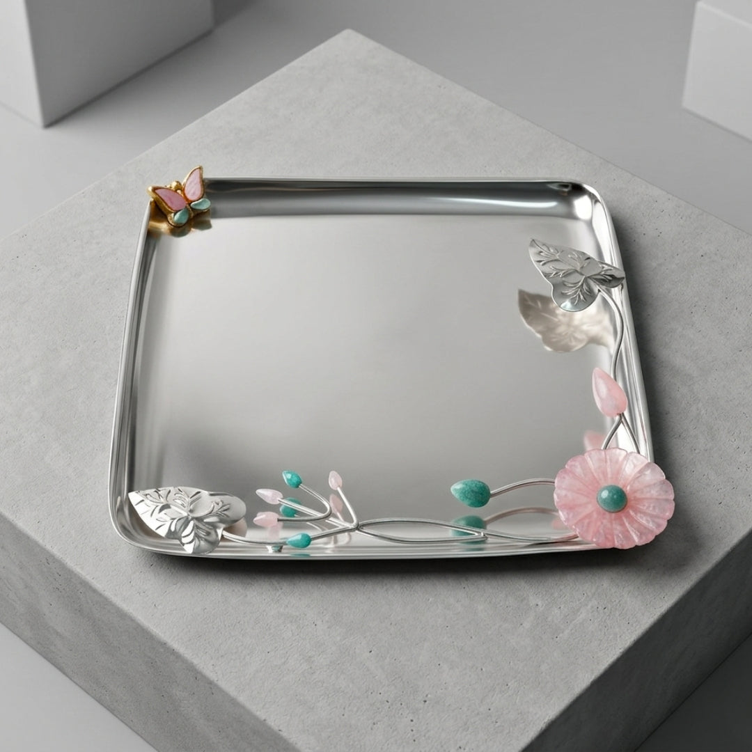 Silver-Plated Square Platter with Floral and Butterfly Embellishments