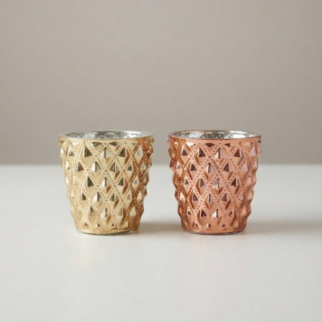 Set of 2 Gold & Copper Diamond-Cut Glass Tea Light Votive Holders