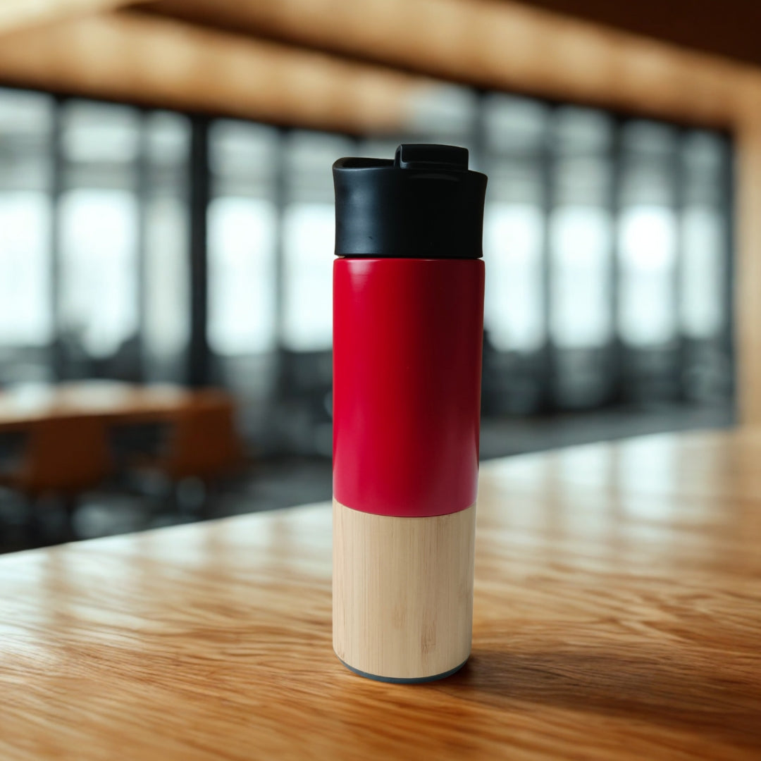 Red Stainless Steel Sipper With Bamboo Base