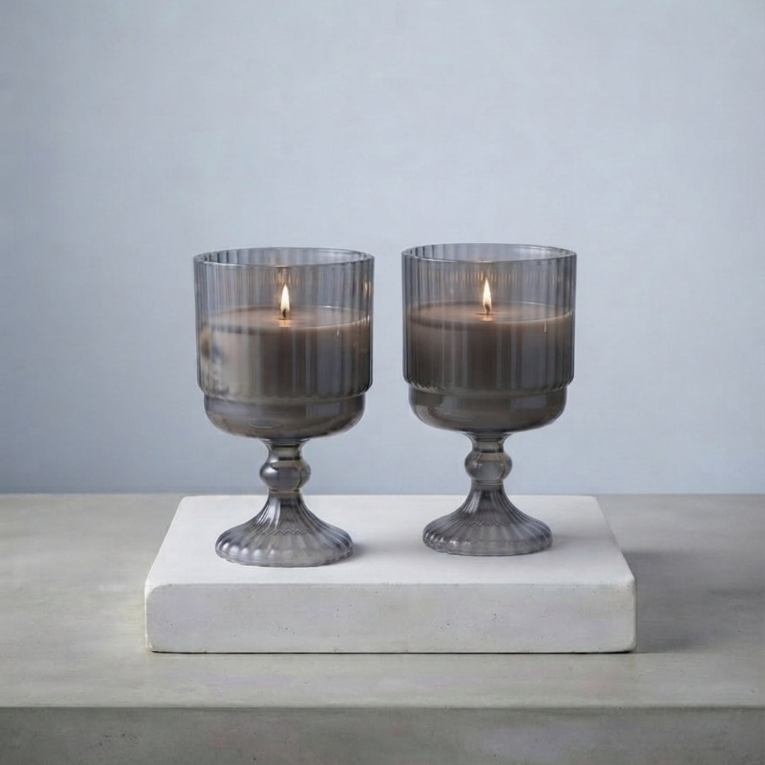 Set of 2 Large Grey Ribbed Glass Pedestal Scented Candles