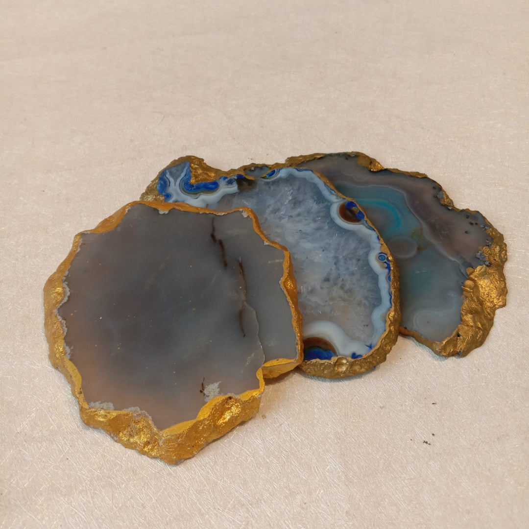 Table Coaster - Blue Agate Stone with Gold Lining Set Of 3