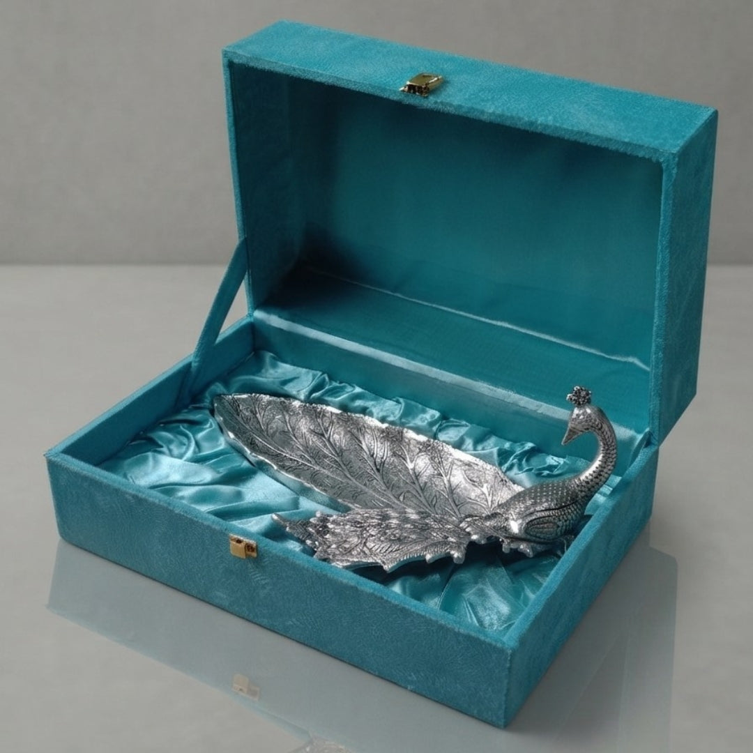 Silver Plated Peacock Design Decorative Tray in Turquoise Velvet Box