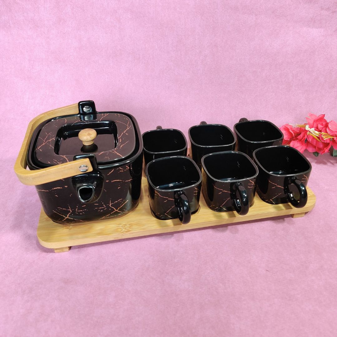Ceramic Cup & Teapot With Tray Set Of 6 - Black