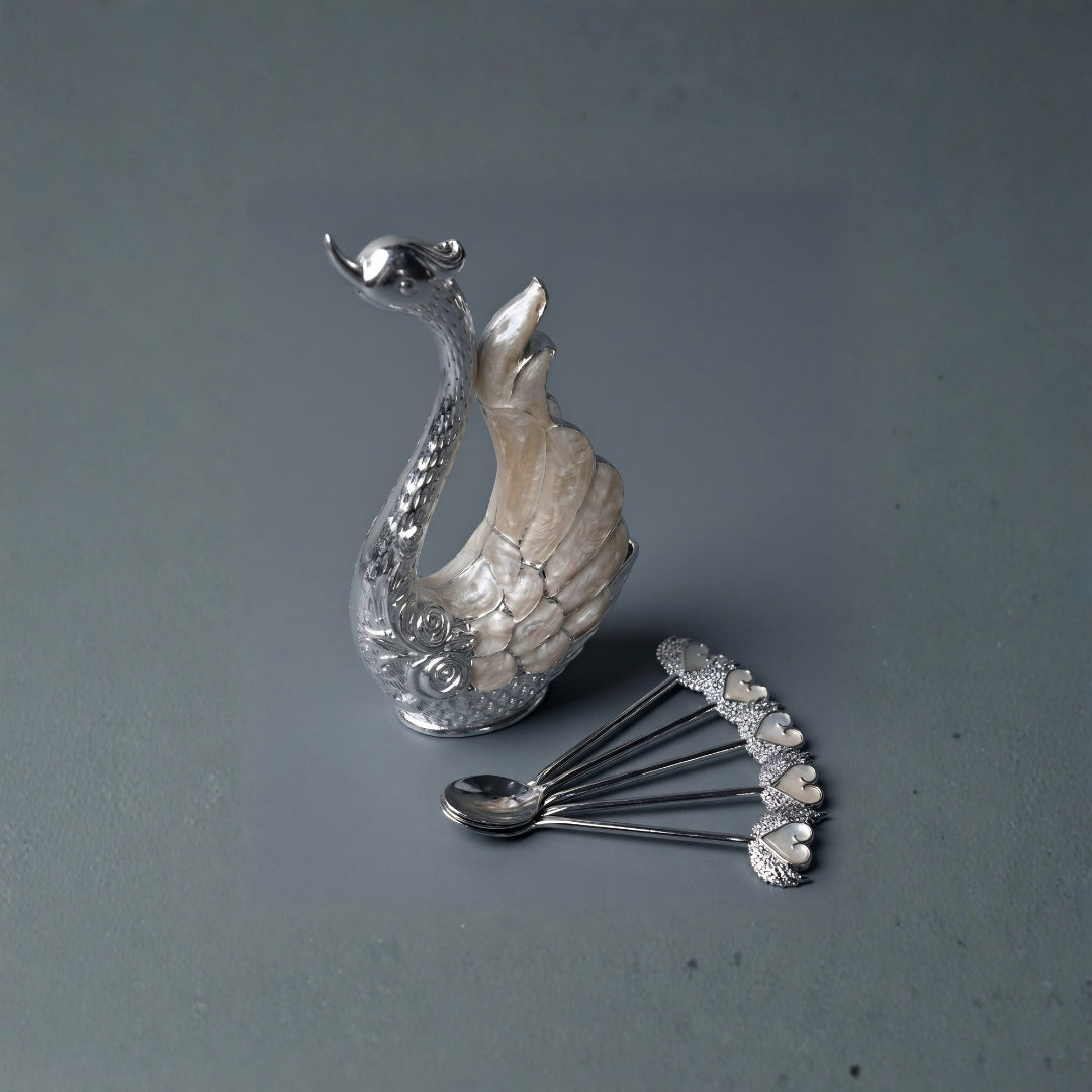 Peach Metal Swan Holder with Set of 6 Dessert Spoon in Premium Gift Box